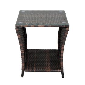 Glass Surface Brown Gradient Iron Frame Rattan Side Table - as picture