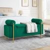 Elegant Upholstered Velvet Storage Bench with Cylindrical Arms and Iron Legs for Hallway Living Room Bedroom, Green - as Pic