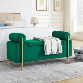 Elegant Upholstered Velvet Storage Bench with Cylindrical Arms and Iron Legs for Hallway Living Room Bedroom, Green - as Pic