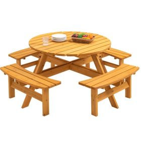 8-Person Outdoor Circular Wooden Picnic Table with 3 Built-in Benches for Patio Backyard Garden, Natural - as picture