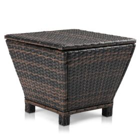 Outdoor PE Wicker Side Table with Storage, Small Patio Storage Bin Container for Hose Cushion Towel, Brown - as picture