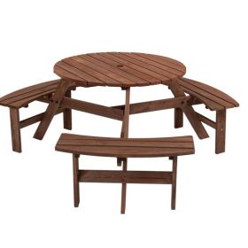6-Person Outdoor Circular Wooden Picnic Table with 3 Built-in Benches for Patio Backyard Garden, Brown - as picture