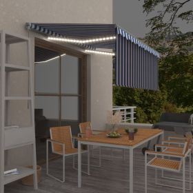 Manual Retractable Awning with Blind&LED 9.8'x8.2' Blue&White - Blue