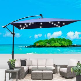 Square 2.5X2.5M Outdoor Patio Umbrella Solar Powered LED Lighted Sun Shade Market Waterproof 8 Ribs Umbrella with Crank and Cross Base for Garden Deck