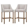 Wood and Fabric Barstool with Swooping Arms and Nail Head Trim, Set of 2, Beige and Brown - as Pic