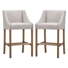 Wood and Fabric Barstool with Swooping Arms and Nail Head Trim, Set of 2, Beige and Brown - as Pic