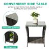Outdoor Patio Wicker Side Table, Square End Table Bistro Coffee Table with Glass Top Storage Shelf for Porch Garden Backyard Grey - as picture