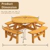 8-Person Outdoor Circular Wooden Picnic Table with 3 Built-in Benches for Patio Backyard Garden, Natural - as picture