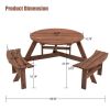6-Person Outdoor Circular Wooden Picnic Table with 3 Built-in Benches for Patio Backyard Garden, Brown - as picture