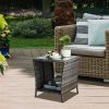 Outdoor Patio Wicker Side Table, Square End Table Bistro Coffee Table with Glass Top Storage Shelf for Porch Garden Backyard Grey - as picture