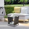 Outdoor Patio Wicker Side Table, Square End Table Bistro Coffee Table with Glass Top Storage Shelf for Porch Garden Backyard Grey - as picture
