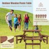 6-Person Outdoor Circular Wooden Picnic Table with 3 Built-in Benches for Patio Backyard Garden, Brown - as picture