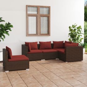 5 Piece Patio Lounge Set with Cushions Poly Rattan Brown (Color: Brown)